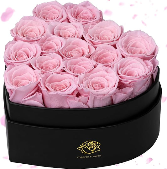 16-Piece Forever Flowers Heart-Shaped Box – Real Immortal Preserved Roses Lasting a Year, Perfect for Birthday, Girlfriend, Mother, or Wife, Valentine Day Gift for Her - Pink