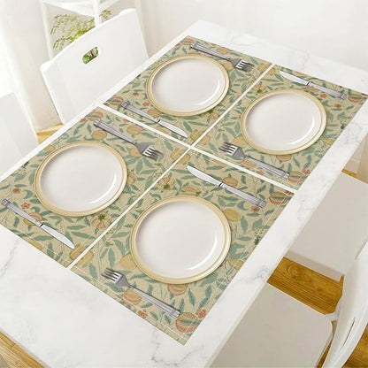 Vintage Floral Placemats Set of 4, William Morris Retro Fruit Boho Botanical Plant Place Mats, Heat Resistant Non Slip Cotton Linen Dining Table Mats for Home Kitchen Party 18x12 Inch