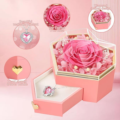 Preserved Pink Real Rose with Necklace Forever Flowers Diamond shaped Box for Mom Wife Girlfriend Grandma on Mothers Day Birthday Valentines Christmas Anniversary Beatiful Gifts for women