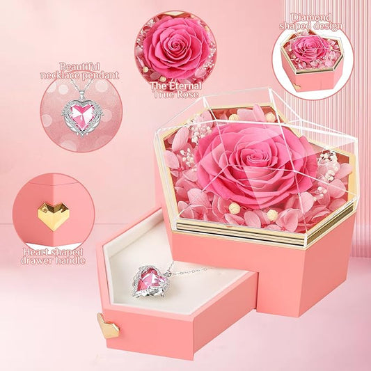 Preserved Pink Real Rose with Necklace Forever Flowers Diamond shaped Box for Mom Wife Girlfriend Grandma on Mothers Day Birthday Valentines Christmas Anniversary Beatiful Gifts for women