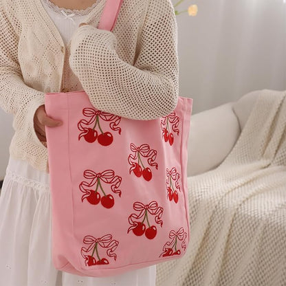 Aesthetic Embroidery Tote Bag for Lady Cute Reusable Canvas Shoulder Bag for Girls Women Shopping Grocery