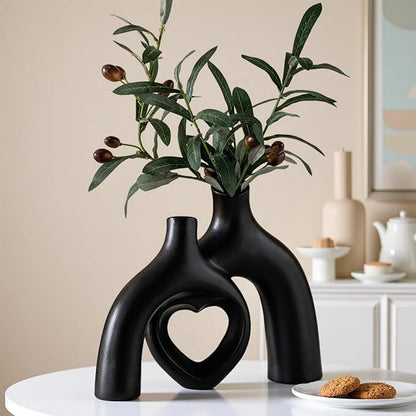 Hug Donut Ceramic Decorative Vase Set, Snuggle Hollow Modern Nordic Boho Style Vases for Home Decor Living Room Shelf Bookshelf Mantle Entryway Table Console Décor (Matte Black)