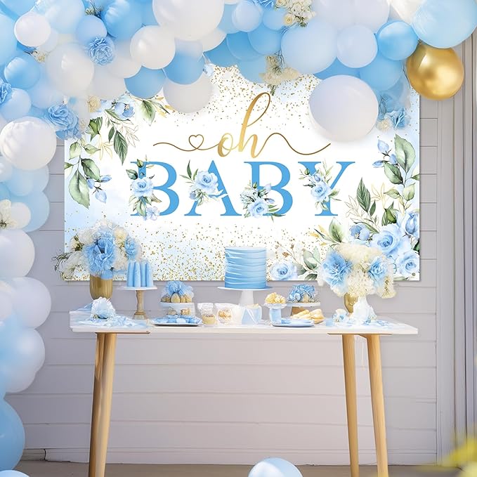 Mocsicka Oh Baby Backdrop Blue Floral Baby Shower Banner for Boys Party Decorations Photo Booth Props (Blue, 8x6ft)