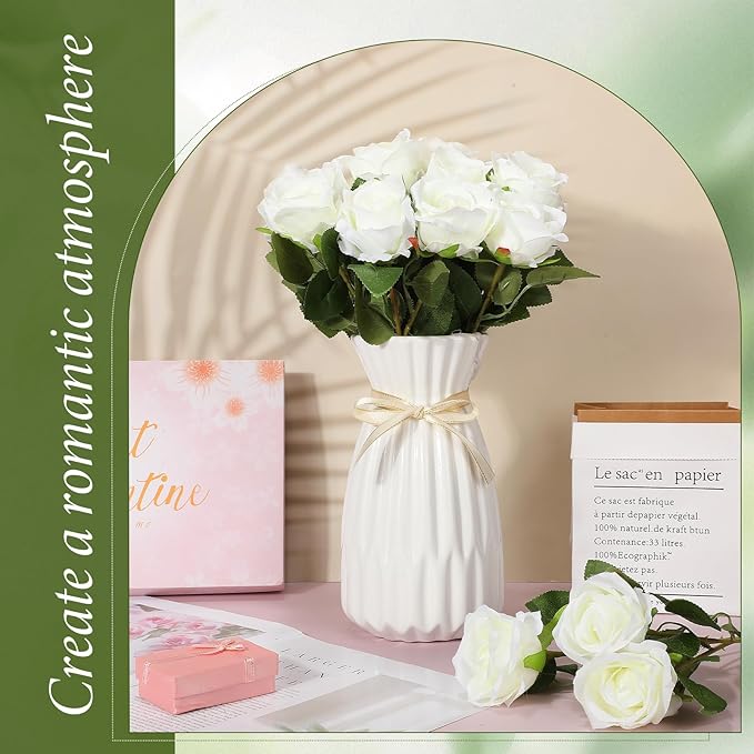 Hotop 40 Pcs Rose Artificial Flowers Bulk with Long Stem,Realistic Silk Fake Roses Bouquet for Home Wedding Centerpieces Party Table Decoration Valentines Gifts(White)