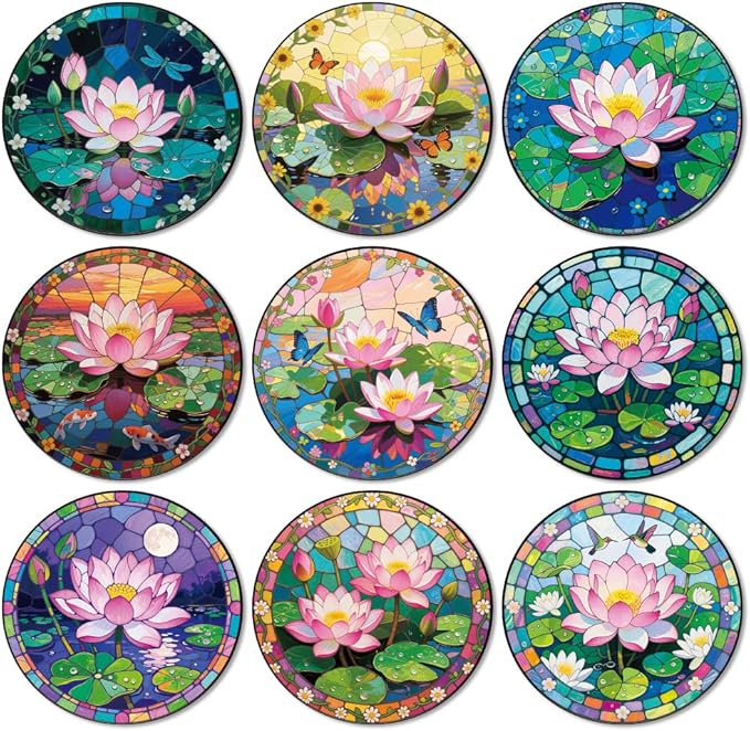 ANATTASOUL Coasters Set of 9 Lotus and Pond Pattern Colorful Wooden Coasters Bulk Round Housewarming Gift for New Home, 3.9" Decorative Coffee Table Protection for Farmhouse Bar House Decor