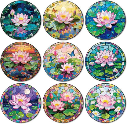 ANATTASOUL Coasters Set of 9 Lotus and Pond Pattern Colorful Wooden Coasters Bulk Round Housewarming Gift for New Home, 3.9" Decorative Coffee Table Protection for Farmhouse Bar House Decor
