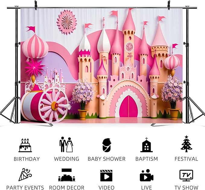15x8ft Princess Castle Backdrop Pink Purple Floral Girl Birthday Photography Background Kids Birthdays Newborn Baby Shower Banner Decorations Wedding Party Portrait Photo Booth Prop