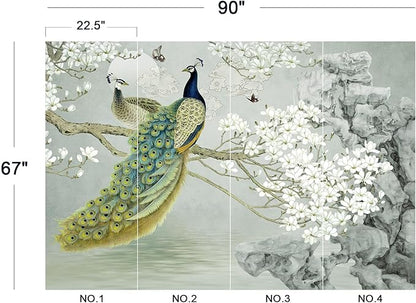 Eierme-Flower Pattern Peacock Illustration Wallpaper Mural Wallpaper Peel and Stick 90" x 67"