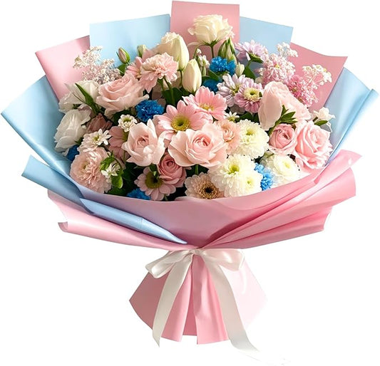 LeZakaa 20 Sheets Flower Wrapping Paper - Waterproof Reversible Floral Bouquet Paper - Sky Blue and Pink Design for Valentine's Day, Mother's Day, Parties, Birthdays, Weddings, Baby Shower