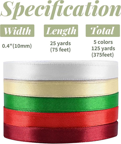 5 Rolls 10mm 125 Yards Christmas Ribbons, Holiday Satin Ribbons Fabric for Gift Wrapping and DIY Craft, Red & Dark Red & Green & Gold &White