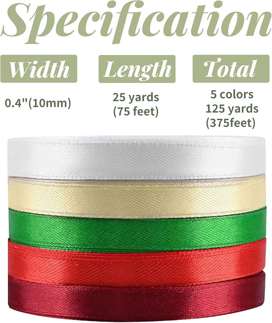 5 Rolls 10mm 125 Yards Christmas Ribbons, Holiday Satin Ribbons Fabric for Gift Wrapping and DIY Craft, Red & Dark Red & Green & Gold &White