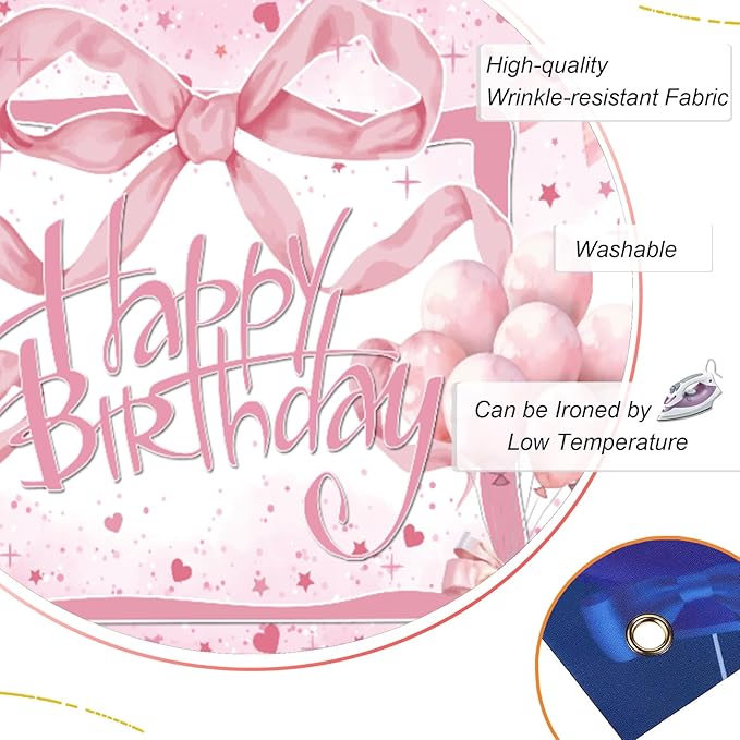 Coquette Pink Bow Happy Birthday Backdrop - Glitter Balloon Banner for Girls & Women - Cute Birthday Party Decorations, Bachelorette Photo Background & Wall Decor 7x5ft