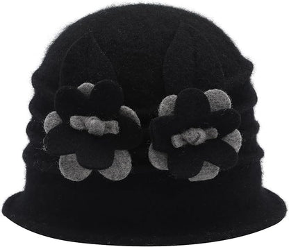 ZLYC Women Wool Cloche Bucket Hat 1920s Vintage Dress Winter Hats with Flower Accent