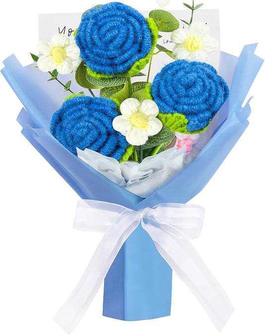 Crochet Rose Bouquet Crochet Flowers Bouquet Handmade Knitted Rose Flowers Present for Valentine's Day Wedding Anniversary Christmas New Year(Medium-Blue Rose)