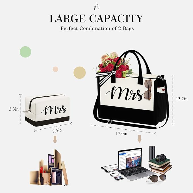 YOOLIFE Christmas Gifts for Women - Initial Canvas Tote Bag & Makeup Bag, Birthday Gifts for Women Mom Sister Friends