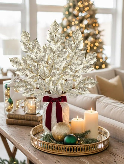 Christmas Tree Picks and Sprays 31.5" Champagne Atrificial Elm Leaves with Stems 3 Pcs Christmas Picks for Tree Champagne Vase Fillers for DIY Xmas Trees Wreath Centerpieces Wedding Bouquet Decor