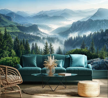 WFBHUA-Misty Pine Forest Wallpaper Peel and Stick Foggy Mountain Scenery Self Adhesive Wall Mural for Living Room 157“x108