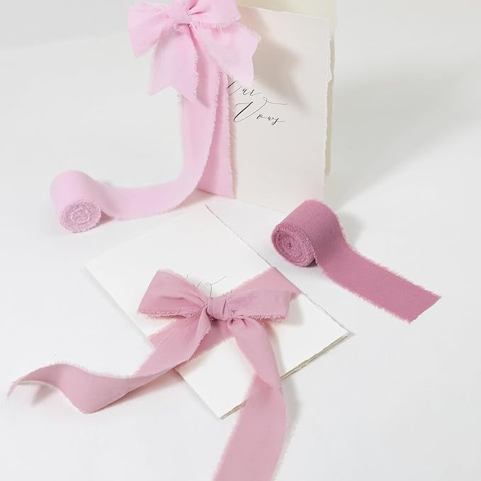 Dusty Rose Pink Ribbon 1-1/2 x 15 Yards Handmade Cotton Frayed Fringe Fabric Ribbons for Crafts Flower Bouquets Wedding Baby Shower Home DIY Decor