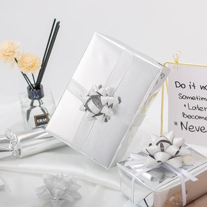 Merture Metallic Silver Wrapping Paper Roll - 17 In X 32.8 Ft(46.5 sq.ft.) Solid Color Silver Gift Wrap with Cutting Lines for Christmas, Wedding, Birthday, Valentines Day, Mothers Day, Baby Shower