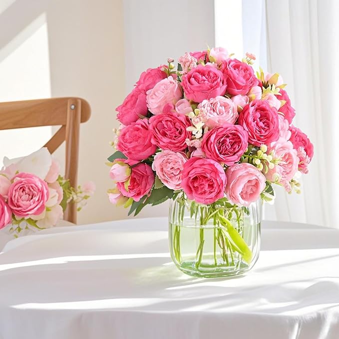ASTRYAS 8Pcs Peonies Artificial Flowers Artificial Peonies Silk Flowers Faux Peony Fake Peony for Wedding Table Centerpiece Floral Vase Decor（Hot Pink & Light Pink