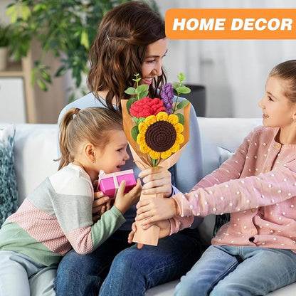 Breling Crochet Flower Bouquet Handmade Crochet Sunflowers Gift Lavender Rose Knitted Eternal Artificial Flowers for Wife Women Valentine's Day Mother's Day Birthday Wedding Anniversary
