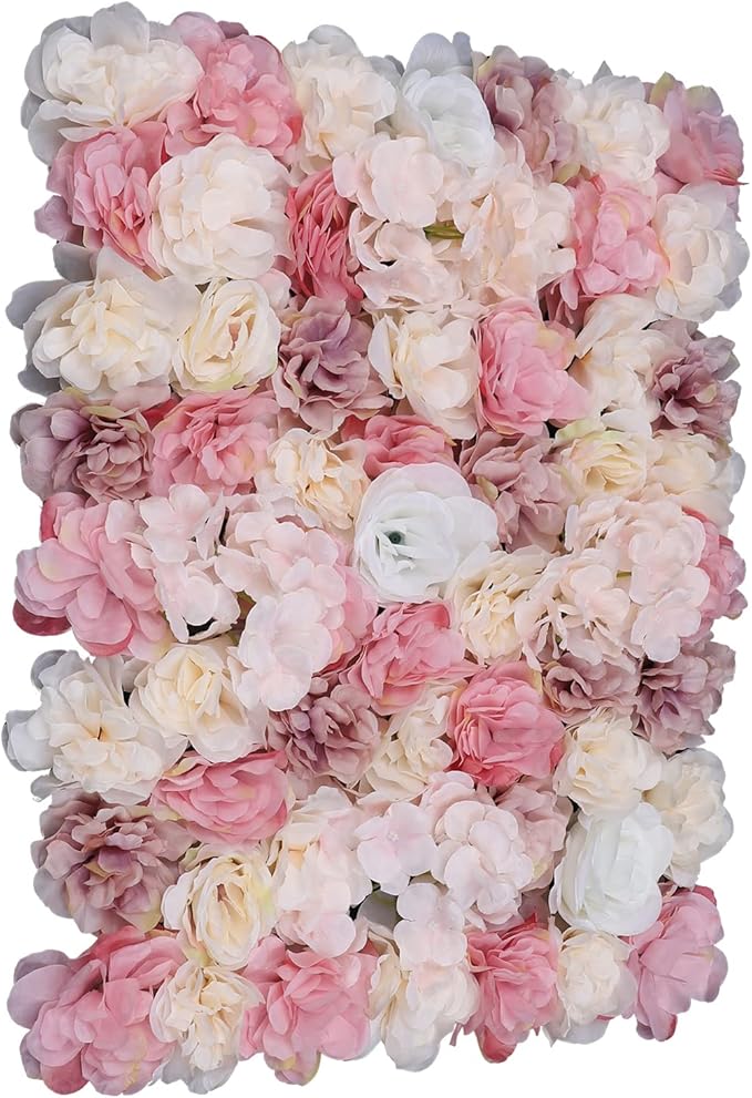 15.74"x 23.62" Artificial Flower Wall Panels,Flower Wall Mat Silk Flower Panels for Outdoor Garden Backyard Fence Fence Privacy Screen and Indoor Wall Decor (12Pcs Pink+White)