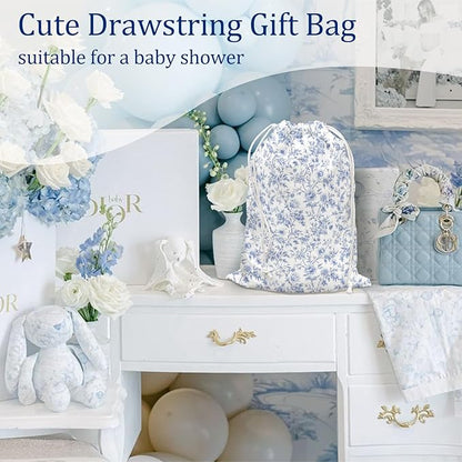 DSHFG Chinoiserie Light Blue Toile Floral Birthday Drawstring Gift Wrap Bags, Chinoiserie Baby Shower Drawstring Gift Bags Canvas, Small Happy Birthday Bag Gifts for Women, 10x13 Inch