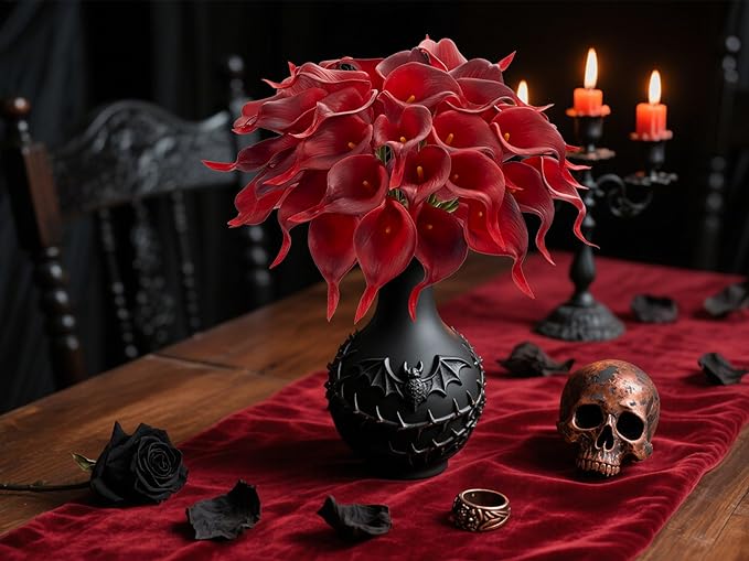 24 Pcs Artificial Calla Lily Flowers Fake Silk Flowers Real Touch for Halloween Wedding Bouquet Office Home Kitchen Decor (Burgundy)