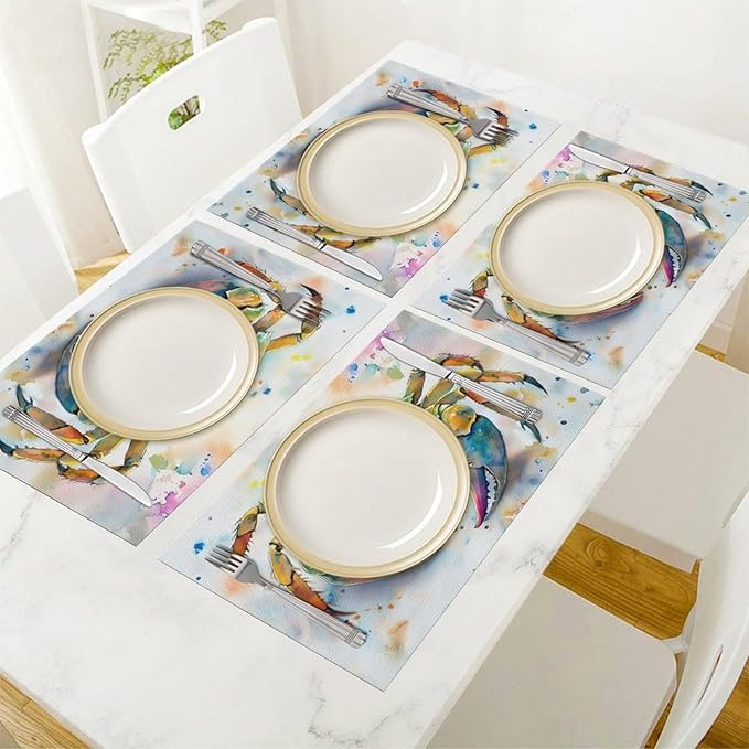 Sea Beach Theme PlaceMats Set of 4 Ocean Crab Pictures Print Washable Placemats Marine Life Animal Table Mats Teal Blue Scratch Proof Table Mats for Kitchen Decor Dinner 4 PCS