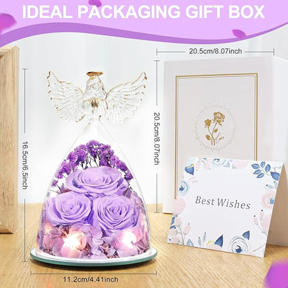 Preserved Flower Rose Gifts for Women, Forever Eternal Fresh Flowers in Glass Angel Figurines Real Purple Roses for Delivery Prime for Grandma Mom Sister Her Wife on Mothers Day Birthday Christmas