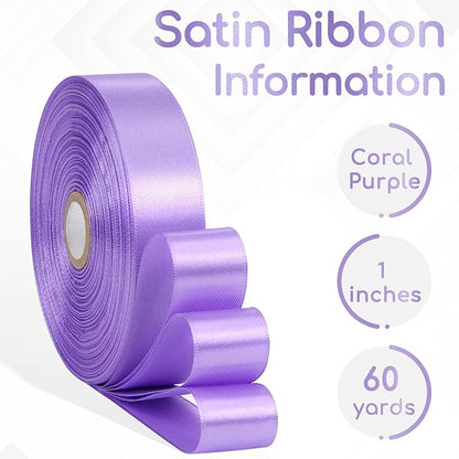 Coral Purple Satin Ribbon 1 Inch, 60 Yards Lavender Purple Ribbon for Hair, Crafts, Graduation Wreaths, Flower Bouquet, Gift Wrapping, Invitation Cards, Festival Decor