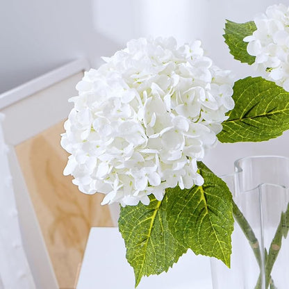 Waipfaru 21" Real Touch White Hydrangea Artificial Flowers with Long Stem & Leaves, Full Latex Faux Hydrangea Flowers for Home Decor Party Floral Arrangements Wedding Bouquets Centerpieces, 5Pcs