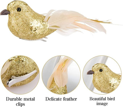 Cosweet 12 Pcs Gold Cardinal Artificial Birds with Clip - Cardinal Bird Christmas Ornament with Feather Wreath Flower Arrangement Supplies for Xmas Tree Party Decor DIY Craft Gifts