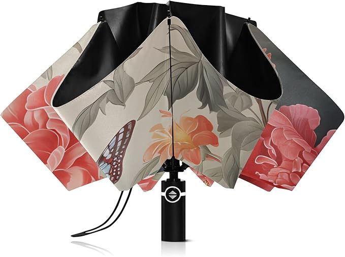 Automatic Folding Umbrella Windproof Strong, UV Protection Compact Floral Hydrangea Hummingbird Sun Rain Sun Rain Travel Umbrellas for Women Men