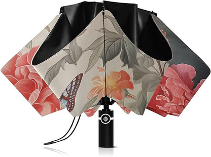Automatic Folding Umbrella Windproof Strong, UV Protection Compact Floral Hydrangea Hummingbird Sun Rain Sun Rain Travel Umbrellas for Women Men