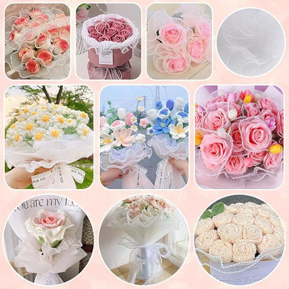 White Flower Wrapping Kit, 20 Sheet DIY Supplies, Bouquet Wrapping Paper, Mesh Paper, Wooden Sticks, Valentine's Day, Mother's Day, Graduation