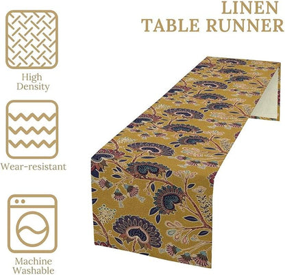 Boho Floral Table Runner, Mustard Yellow Paisley Floral Vintage Farmhouse Table Runner for Kitchen Dining Holiday Party Decor, 13x108 Inch