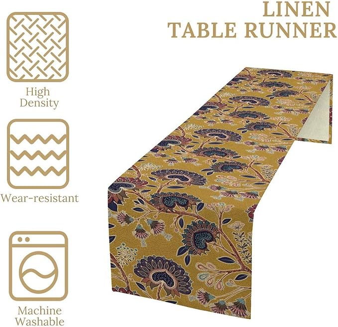 Boho Floral Table Runner, Mustard Yellow Paisley Floral Vintage Farmhouse Table Runner for Kitchen Dining Holiday Party Decor, 13x70 Inch
