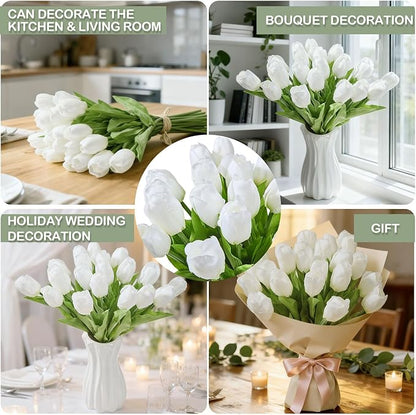 Artificial Flowers Mother's Day Easter Valentine's Day Gifts, Artificial Flowers Fake Tulips Flowers Home Kitchen Wedding Table Decorations a Bunch of 20 White Tulips
