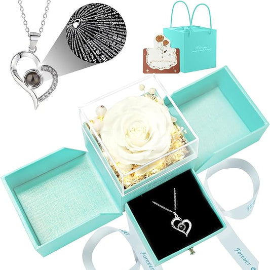 Birthday Gifts for Women, Preserved Real Roses with Heart Necklace I Love You in 100 Languages, Romantic Anniversary Wedding Gifts for Women Her Girlfriend Wife, Forever Roses Necklace Gift Box White