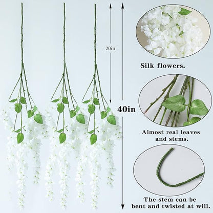 Dailisen 3 Strands 40'' Silk White Wisteria Artificial Flowers, Fake Wisteria Floral Hanging Plant Garland, for Home Decor, Party, Floor Vase, Balcony, Wedding Arrangement Decoration (White)