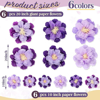 MotiMind 12 Pcs Large Colorful Tissue Paper Flowers 20" 10'' Giant Fiesta Paper Flowers Mexican Pom for Carnival Party Wall Backdrop Decoration Wedding Birthday(Gradient Purple)