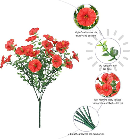 Artificial Flowers Fake Plants for Outdoors Decoration, 12 Bundles Silk Morning Glory with Eucalyptus Realistic UV Resistant Faux Flowers for Outside Planter Porch Yard Patio Garden Home Indoor, Mix