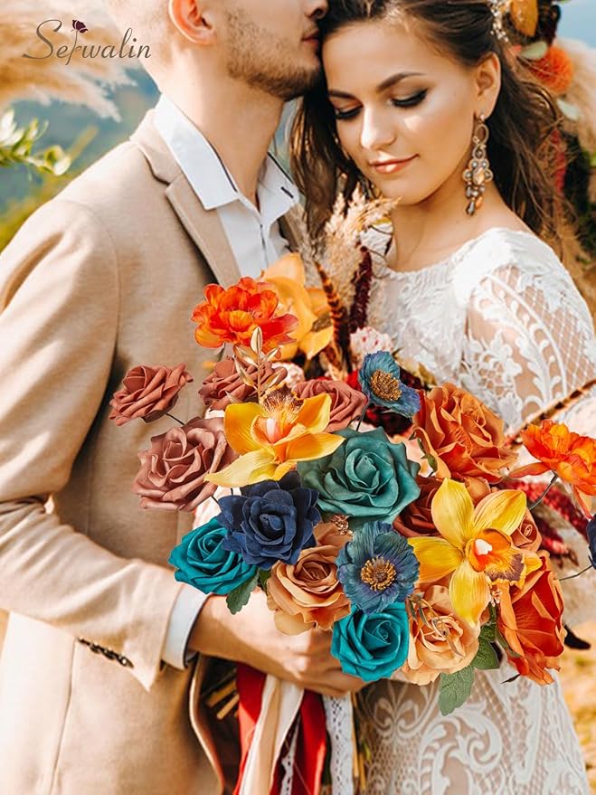 Serwalin Teal Burnt Orange Artificial Flowers, Fake Silk Cake Flowers for DIY Wedding Bridal Bouquet Centerpieces Floral Arrangement Decor Party Baby Shower Fall Home Decor