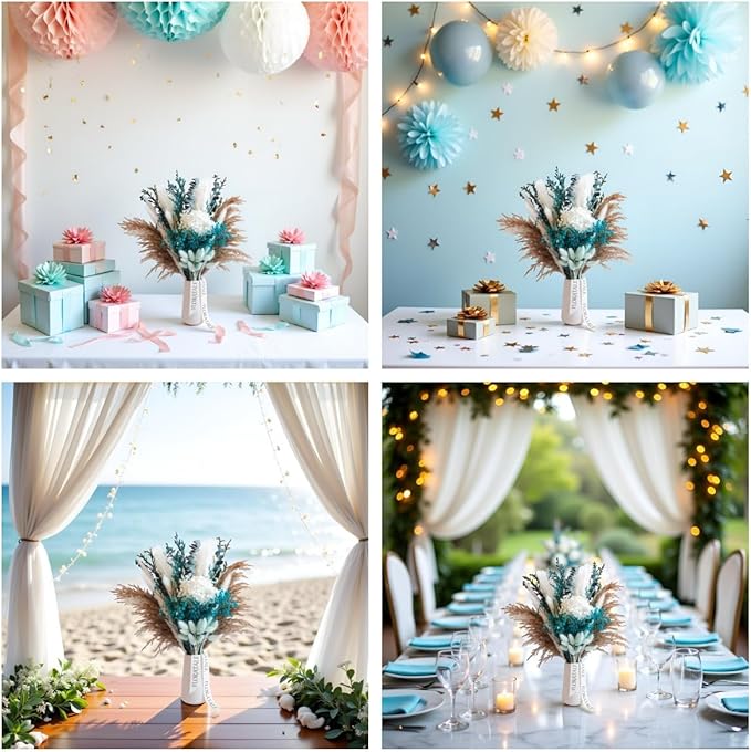 Coastal Blue Dried Flower Bouquet (No Vase) | 17'' Mini Floral Arrangement with Pampas, Hydrangea, Baby's Breath & More Natural Dried Flowers – Home Wedding Decor Centerpiece