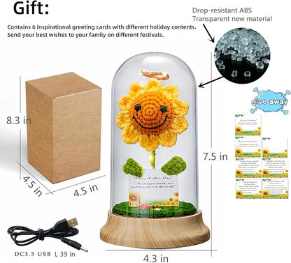 Levvohd Crochet Sunflower Gifts for Women, in Plastic Dome Sun Flower for Her Mom Grandma Birthday Mothers Day Christmas Day Gift (Card- Sunflower 4.3 in X 7.5 in)