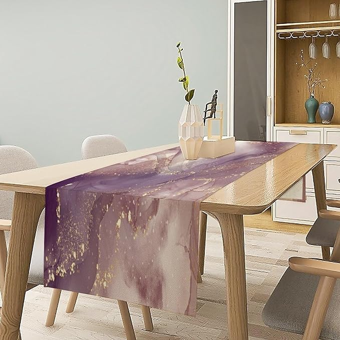 Pink Marble Table Runner Purple Maroon Gold Veins Unique Ombre Abstract Modern Luxury Ink Texture Seasonal Dinner Runner Table Decoration for Home Kitchen Dining Holiday Party 13x70in