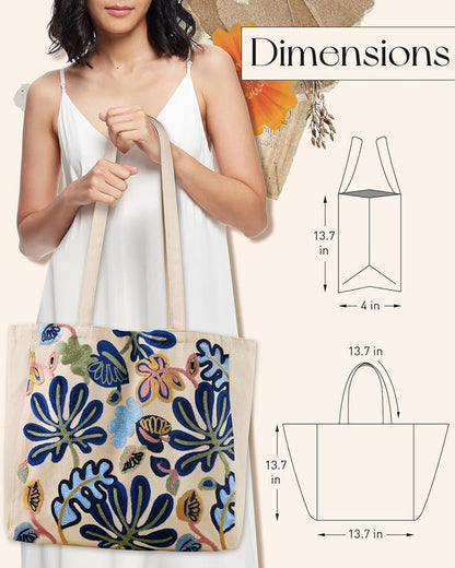 Aesthetic Embroidery Tote Bag for Women - Reusable Canvas Cute Shoulder Bag for Shopping, Grocery, Work, Book
