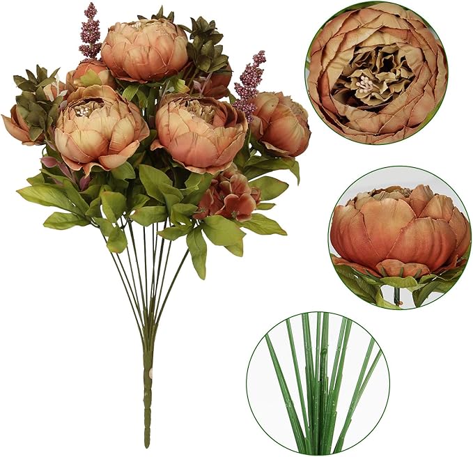 Flojery Silk Peony Bouquet Vintage Artificial Peonies Flower for Home Wedding Party Decor (1pcs, Coffee)