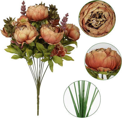 Flojery Silk Peony Bouquet Vintage Artificial Peonies Flower for Home Wedding Party Decor (1pcs, Coffee)